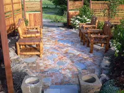 Stone patio with bamboo furniture